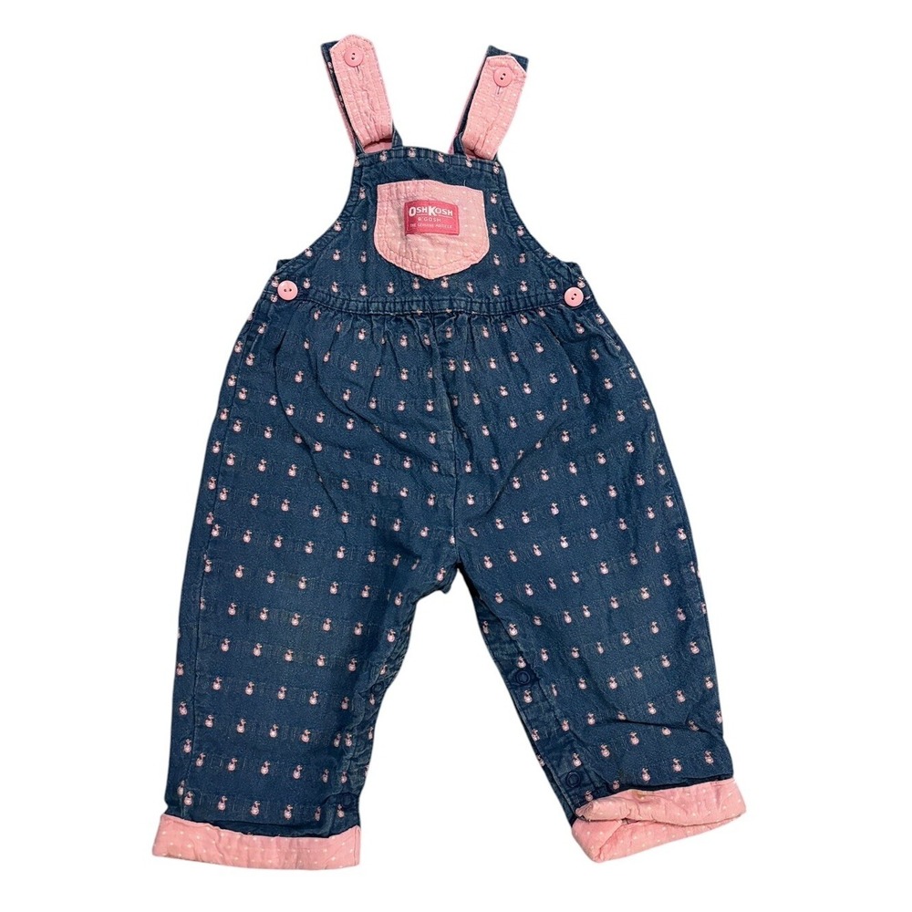 Vintage 1990s Baby Girls Denim Oshkosh Overalls Pink‎ Duck Stripe Bow 18 Months